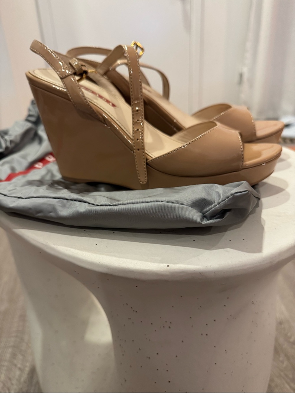 Prada Sport Nude Patent Leather Wedge Sandals with Ankle Strap size 38